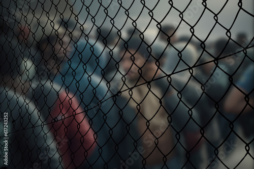 Foto Eine Gruppe von Migranten steht am Zaun an der Grenze