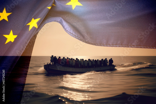 Schilderij op canvas Migranten auf einem Boot unterwegs nach Europa