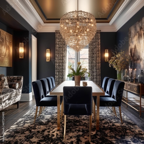 Photographie Dining room that feels both glamorous and private, with a statement chandelier and plush, velvet chairs arranged around a long table