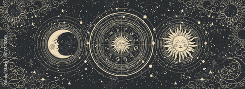 Modern astrological banner, tarot card, vintage horoscopic zodiac wheel with 12 signs and constellations, sun and moon with face, clouds and stars on black background. Hand drawn vector illustration.
