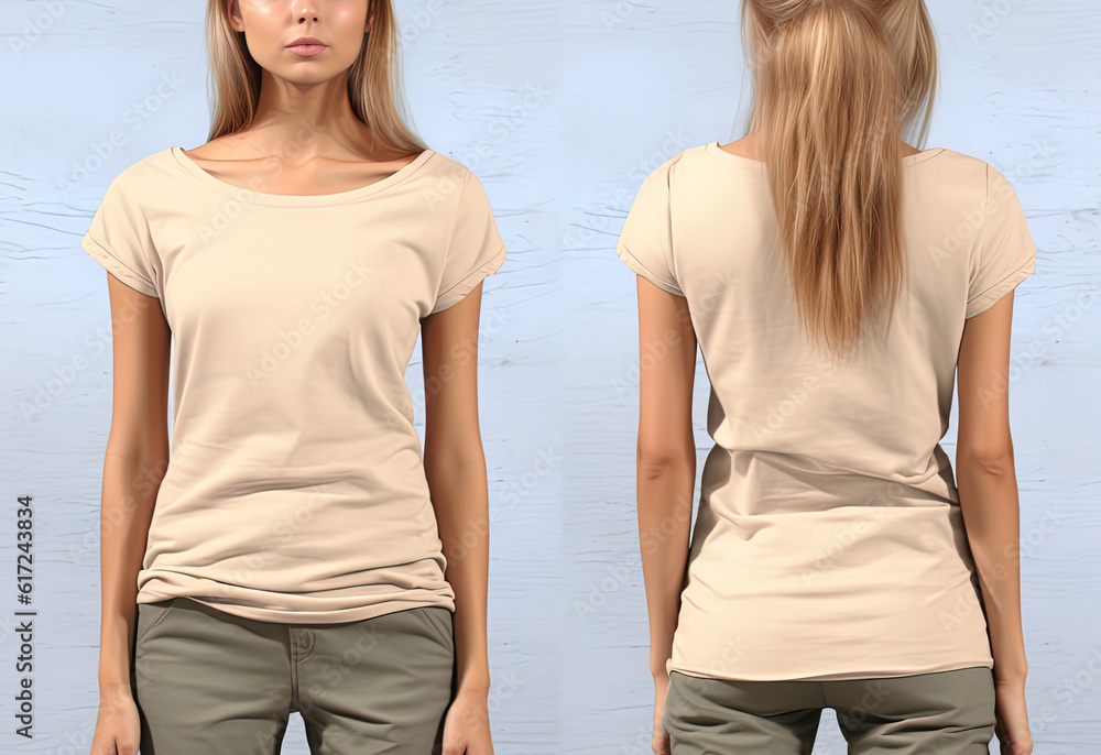 Photo realistic female beige t-shirts with copy space, front, and back view Photo realistic female beige t-shirts with copy space, front, and back view