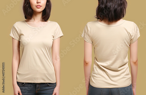 Photo realistic female beige t-shirts with copy space, front, and back view