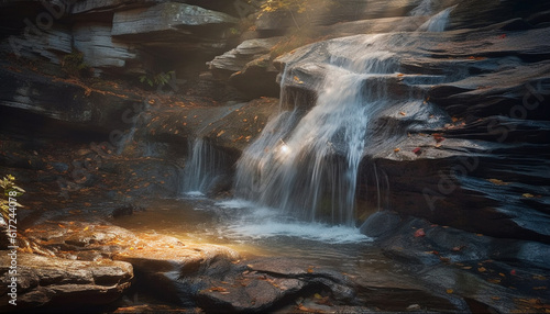 Flowing water falls over rocks in forest generated by AI