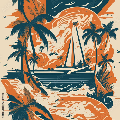 a picture of a sailboat on a beach with palm trees t-shirt design