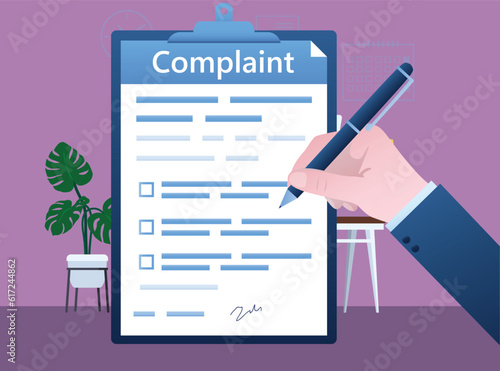 Additional procedures to complaints system and Written complain offline, Offline Complaints Writing in Complaint Paper. Human hand use pen, signing complaint paper document. Consumer Notice complaint