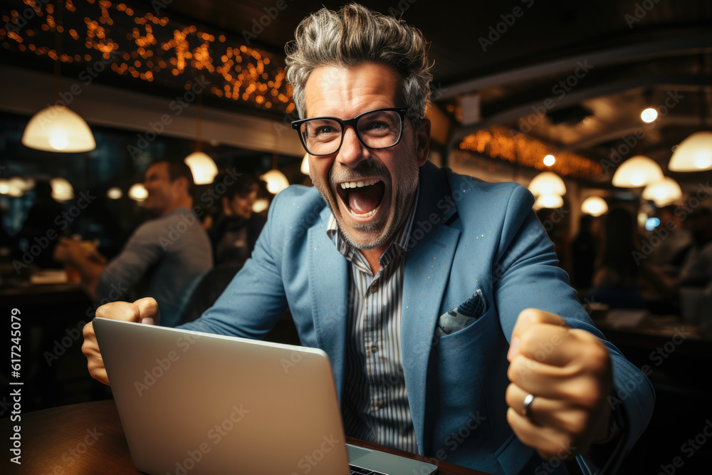 Successful entrepreneur celebrating with fist pump in front of laptop. Generative AI Successful entrepreneur celebrating with fist pump in front of laptop. Generative AI