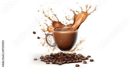 splashing coffee with coffee beans, isolated on white background, 3d rendering ai generated