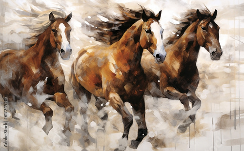 An oil painting shows a group of wild horses charging. Animal painting collection for decoration  wallpaper  and interior.