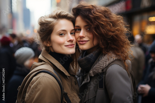Loving brunette lesbian couple standing cheek to cheek © michaelheim