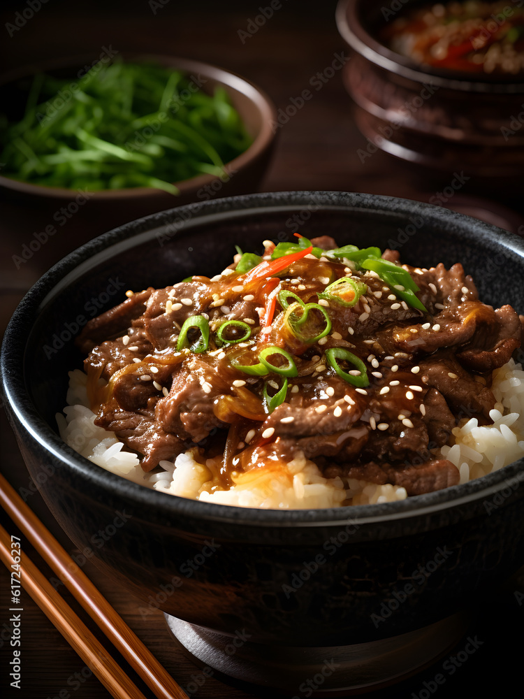 Gyudon, Japanese beef rice bowl,  Japanese beef indulgence: Experience the irresistible allure of Gyudon, a popular Japanese dish that combines thinly sliced beef, onions. | Generative AI