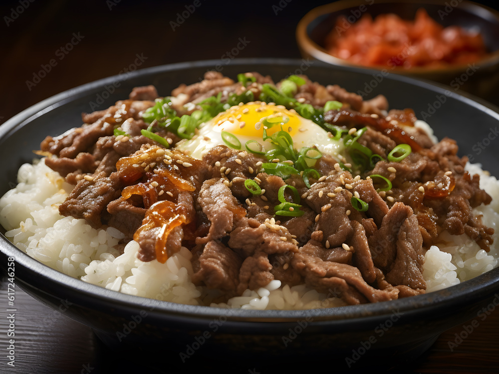 Gyudon, Japanese beef rice bowl, Japanese beef indulgence: Experience the irresistible allure of Gyudon, a popular Japanese dish that combines thinly sliced beef, onions. | Generative AI Gyudon, Japanese beef rice bowl, Japanese beef indulgence: Experience the irresistible allure of Gyudon, a popular Japanese dish that combines thinly sliced beef, onions. | Generative AI