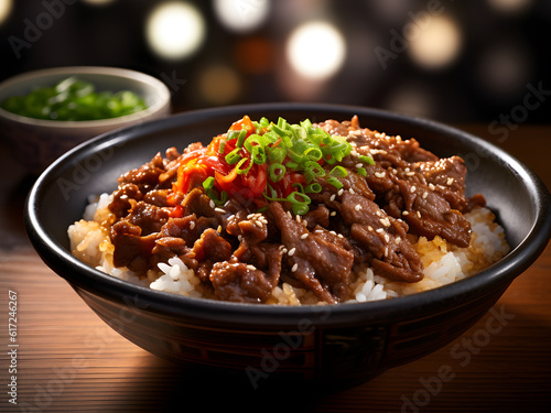 Gyudon, Japanese beef rice bowl, Japanese beef indulgence: Experience the irresistible allure of Gyudon, a popular Japanese dish that combines thinly sliced beef, onions. | Generative AI