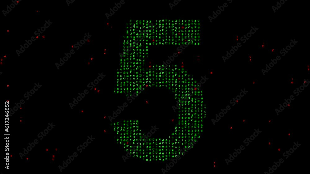 Number 5 with matrix code on plain black background Number 5 with matrix code on plain black background