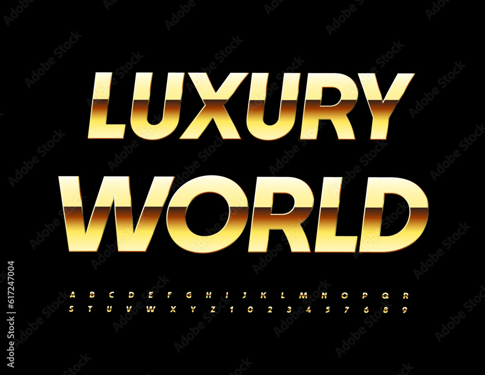 Vector chic Logo Luxury World. Stylish Golden Font. Premium Alphabet Letters, Numbers and Symbols