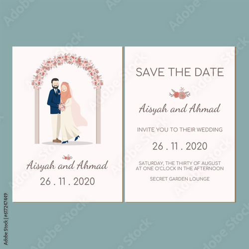 Pink Peach Flower Gate Wreath Muslim Couple Portrait Wedding Invitation - Walima Nikah Save The Date Template photo