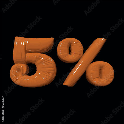 Inflated plastic square illustration of volumetric glossy deformed 3D render of orange number 5 percent on black background. Balloon metallic number. Beautiful volumetric number for advertising