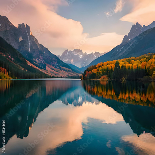A serene mountain landscape with snow-capped peaks piercing through the clouds  a tranquil alpine lake reflecting the vibrant colors of the surrounding autumn foliage