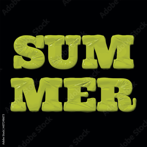 Inflated plastic square illustration of volumetric glossy deformed 3D render of green lettering summer on black gradient background
