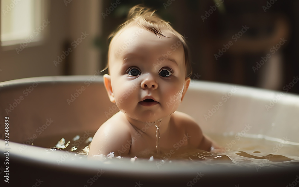 Baby taking a bath. Generative AI technology. Baby taking a bath. Generative AI technology.