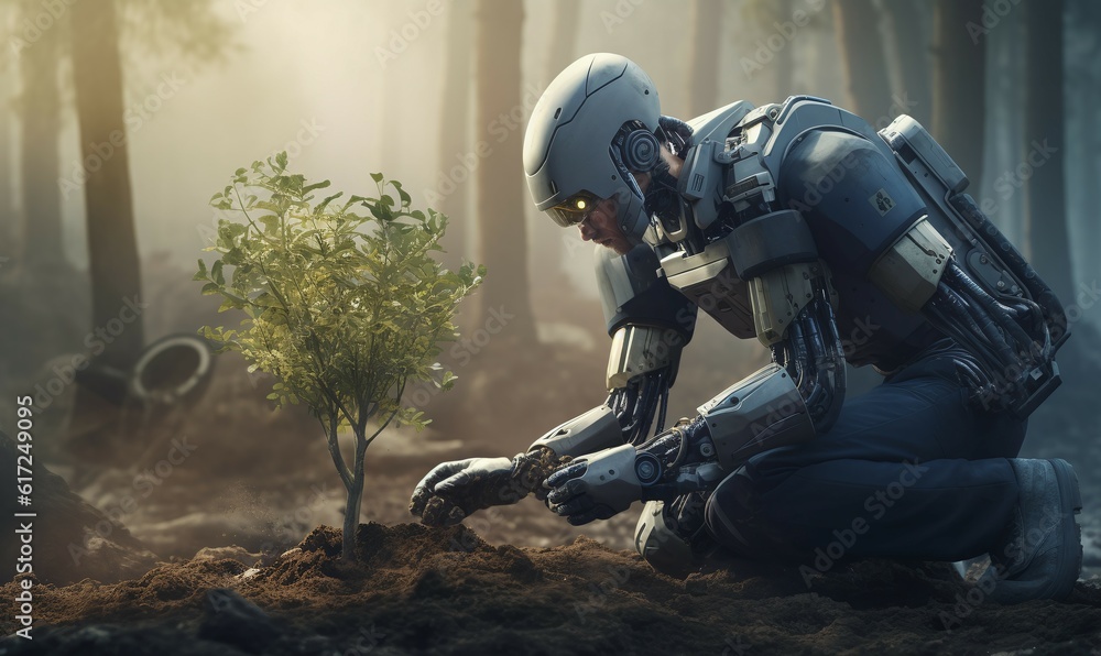 Fototapeta premium robot cyborg doing planting