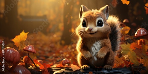  3d cute squirrel , autumn fantasy background