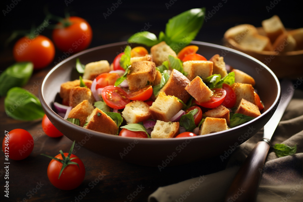 Bowl of Salad Panzanella with ripe juicy tomatoes, fresh basil and crusty bread. Delicious summer meal. Generative Ai content. Bowl of Salad Panzanella with ripe juicy tomatoes, fresh basil and crusty bread. Delicious summer meal. Generative Ai content.