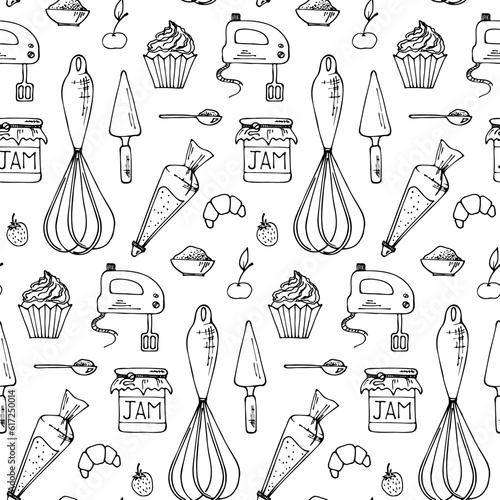 Seamless vector pattern with kitchen theme.  Kitchen utensils for cooking.