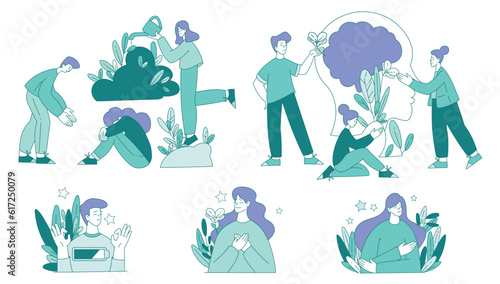 Mental Healthcare with People Characters Healing Brain Vector Illustration Set