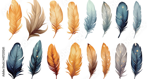 Photographie Vector feathers collection, watercolor feathers on white background
