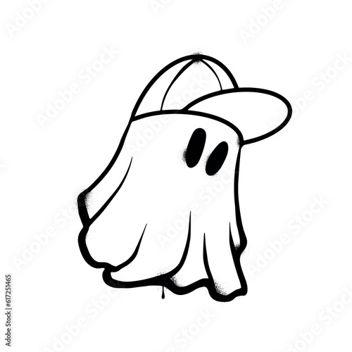 Urban style graffiti ghost spirit with cap sprayed with leak and splashes. Vector hand drawn textured illustration on white background for banner, decoration, tatoo, street art, halloween eps 10