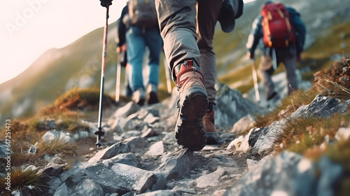 Hiker person with trekking sticks climbs steep on mountain trail, focus on boot created with Generative AI