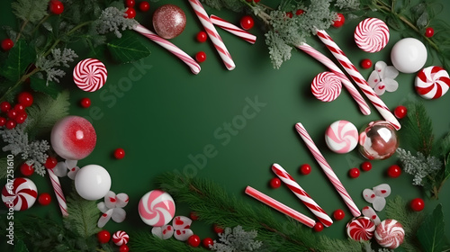 christmas decoration on and candies green background created with Generative AI