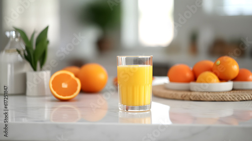orange juice and oranges on table in kitchen room created with Generative AI