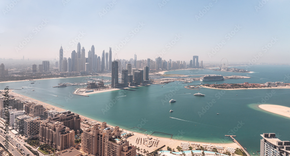 View from observation deck of the Nakheel Mall building to the Palm Jumeirah island and Dubai City in Dubai city, United Arab Emirates