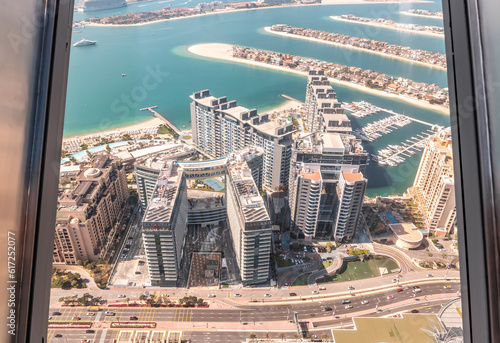 View from observation deck of the Nakheel Mall building to the Palm Jumeirah island in Dubai city, United Arab Emirates photo