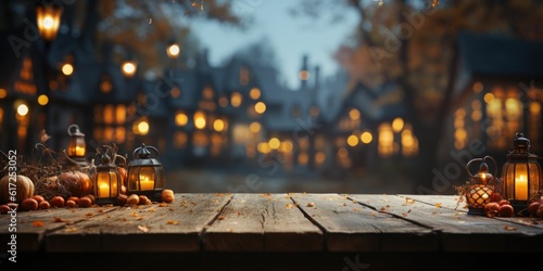 Wooden texture table top on blurred halloween background