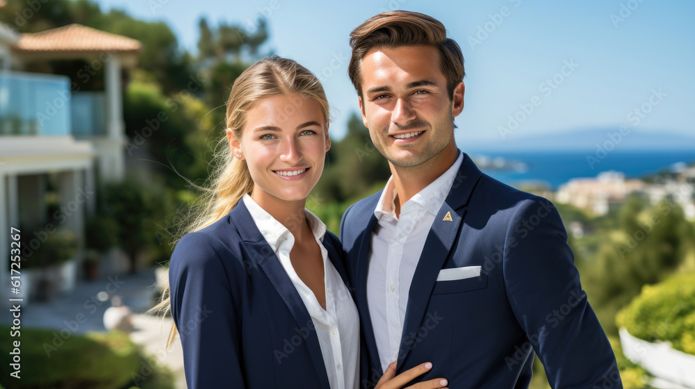 Pair of real estate agents, showcasing a luxurious villa in the background. Generative AI Pair of real estate agents, showcasing a luxurious villa in the background. Generative AI