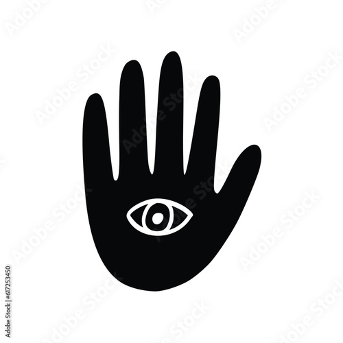 Mystic Hand with Third Eye in Linocut Style. Celestial Magic Icon Vector Illustration Isolated on White Background. Boho Witchy Hand Clipart for Tarot Card, Logo, Poster, Packaging Design.