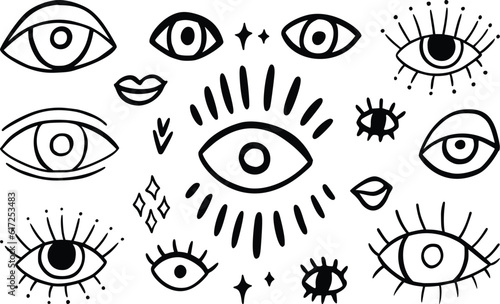 Boho Evil Eye Line Drawing Silhouette Set. Hand Drawn Mystic Eye in Linocut Style. Occult Design Icon Vector Illustration Isolated on White Background. Bohemian Clipart for Logo, Poster, T Shirt Print