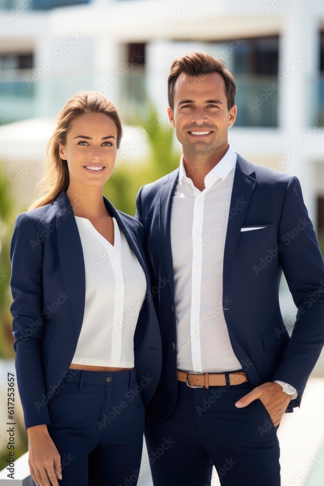 Pair of real estate agents, showcasing a luxurious villa in the background. Generative AI Pair of real estate agents, showcasing a luxurious villa in the background. Generative AI