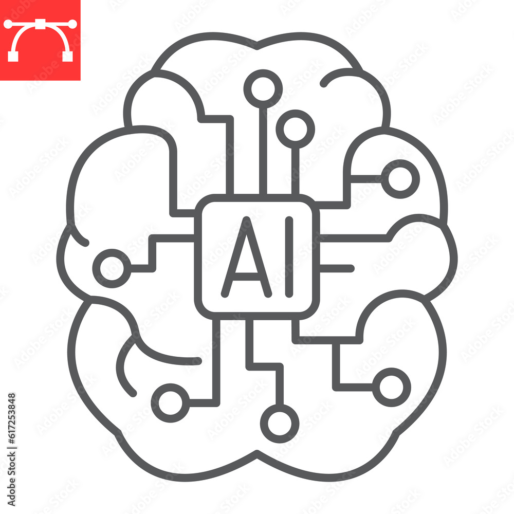 AI brain line icon, technology and artificial intelligence, human brain with microchip vector icon, vector graphics, editable stroke outline sign, eps 10. AI brain line icon, technology and artificial intelligence, human brain with microchip vector icon, vector graphics, editable stroke outline sign, eps 10.