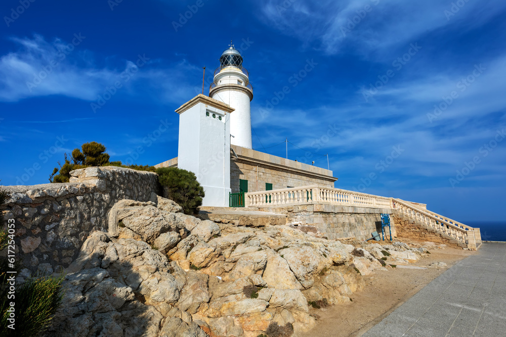 The beautiful lighthouse on the cliff of Cap Formentor. Balearic Islands Mallorca Spain. Vacation concept. One of the most visited landmark in Mallorca