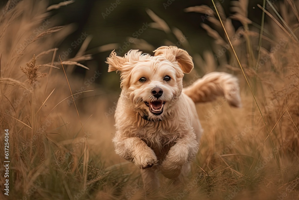 Happy Dog Running in a Meadow - Close Up Shot of a Cute and Playful Pet Enjoying the Outdoors Happy Dog Running in a Meadow - Close Up Shot of a Cute and Playful Pet Enjoying the Outdoors