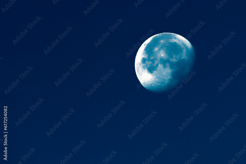 The disk of the moon in the night sky on a summer day The disk of the moon in the night sky on a summer day