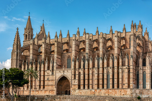 Gothic medieval cathedral La Seu and Royal Palace of La Almudaina. Capital city Palma de Mallorca. Balearic Islands Spain. Travel agency vacation concept. photo
