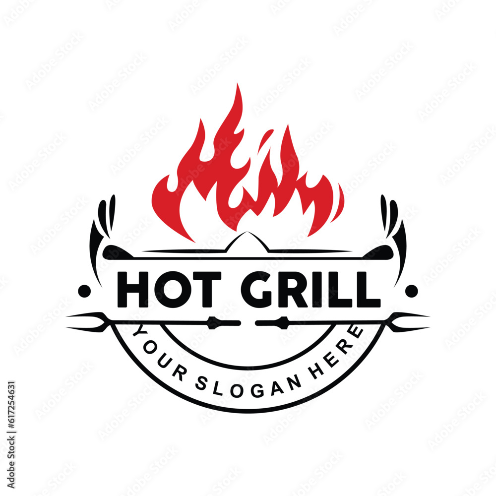 Barbeque Logo, Hot Grill Design With Fire And Spatula, Vector BBQ Grill Vintage Tripography, Retro Rustic Logo For Cafe, Restaurant, Bar Barbeque Logo, Hot Grill Design With Fire And Spatula, Vector BBQ Grill Vintage Tripography, Retro Rustic Logo For Cafe, Restaurant, Bar