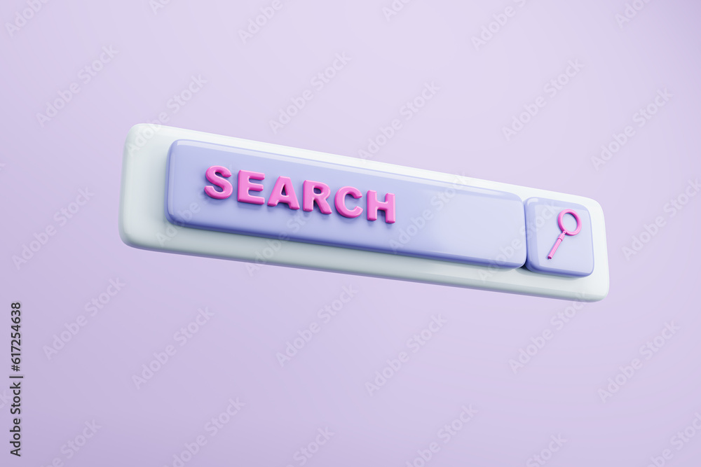 Creative digital search bar with magnifier on purple background. SEO and search concept. 3D Rendering. Creative digital search bar with magnifier on purple background. SEO and search concept. 3D Rendering.