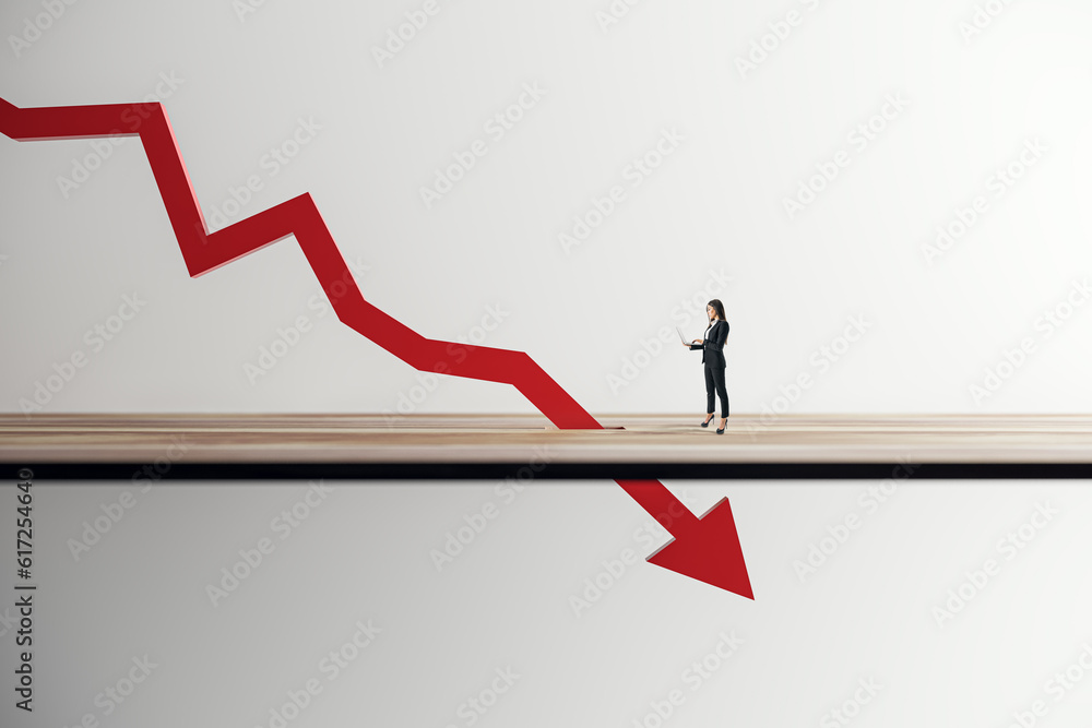 Falling red arrow breaking plank with businesswoman on light background. Crisis and recession concept. Falling red arrow breaking plank with businesswoman on light background. Crisis and recession concept.