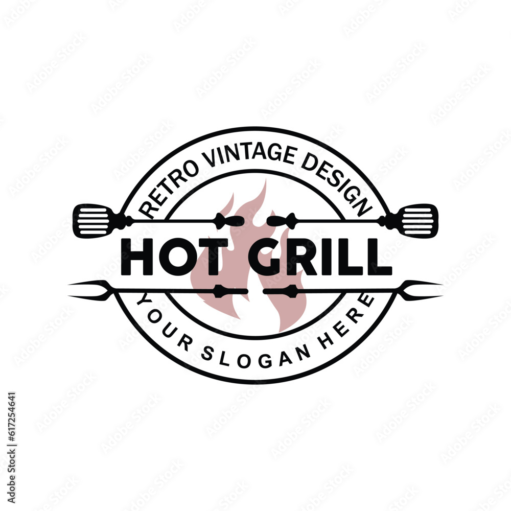 Obraz premium Barbeque Logo, Hot Grill Design With Fire And Spatula, Vector BBQ Grill Vintage Tripography, Retro Rustic Logo For Cafe, Restaurant, Bar