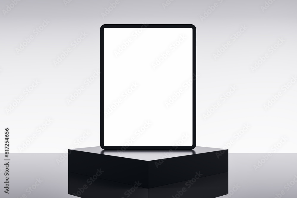 Empty white tablet on pedestal and light background with mock up place. Product placement, technology presentation concept. 3D Rendering. Empty white tablet on pedestal and light background with mock up place. Product placement, technology presentation concept. 3D Rendering.